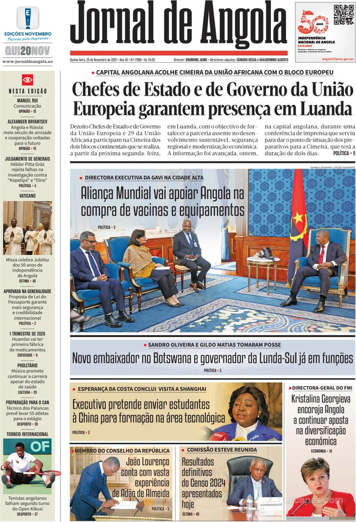 Capa Jornal de Angola - 2025-11-20