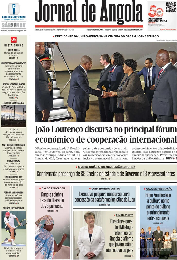 Capa Jornal de Angola - 2025-11-22