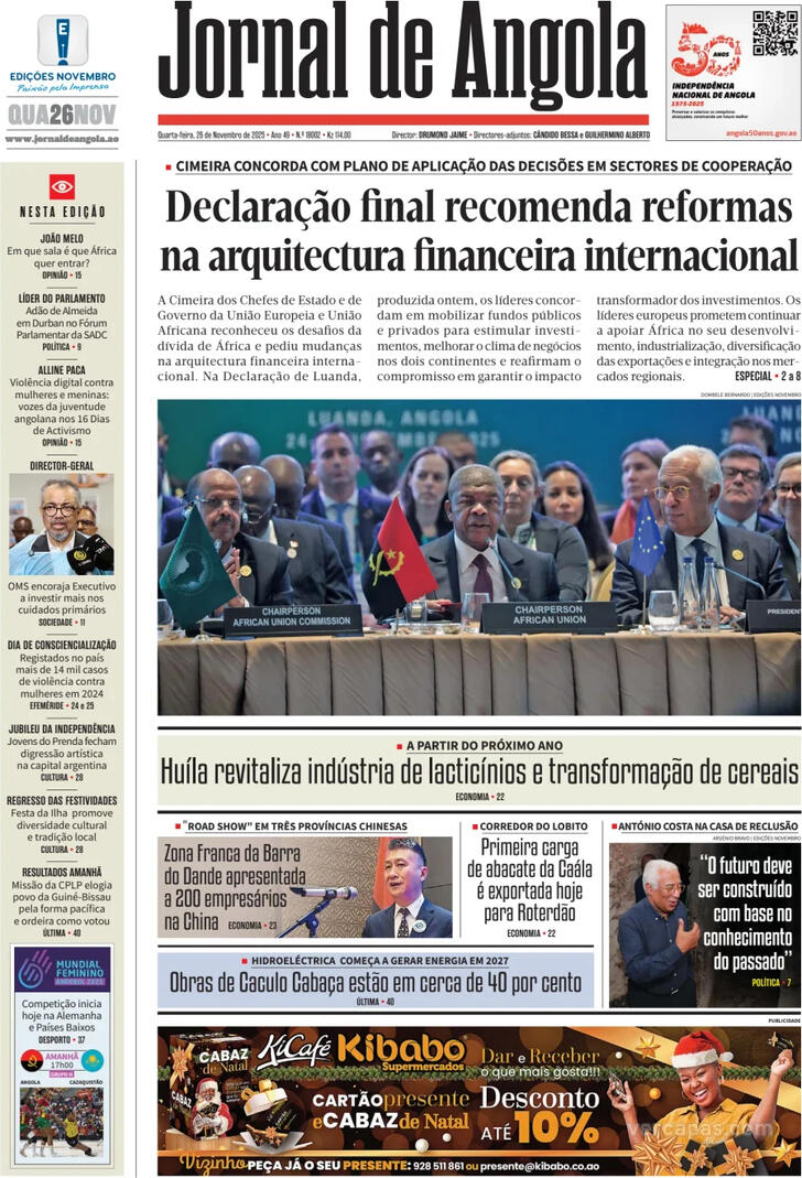 Capa Jornal de Angola - 2025-11-26