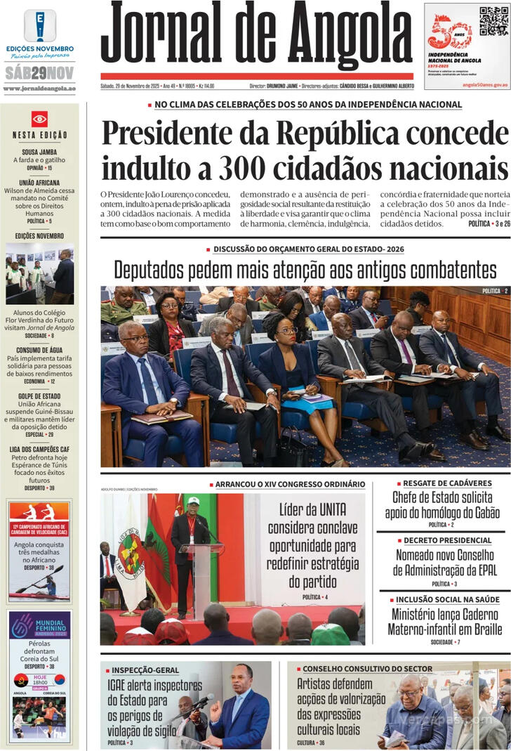 Capa Jornal de Angola - 2025-11-29