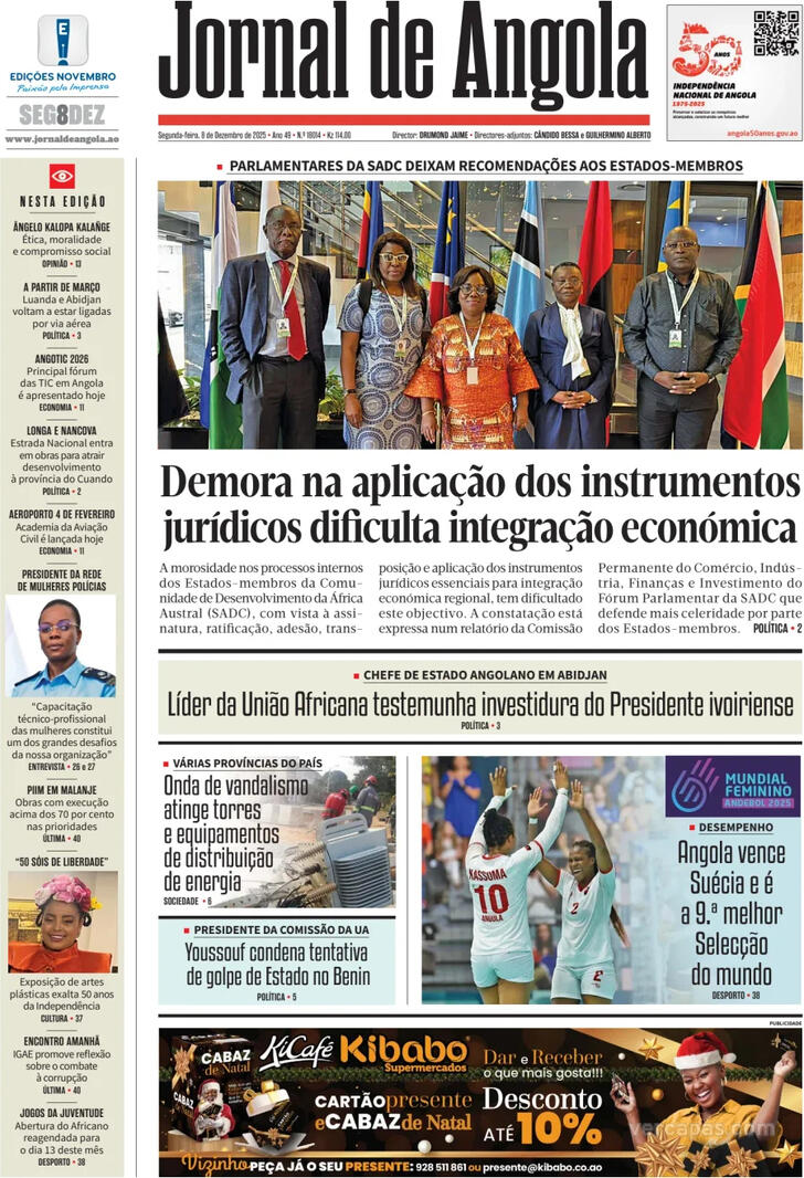 Capa Jornal de Angola - 2025-12-08