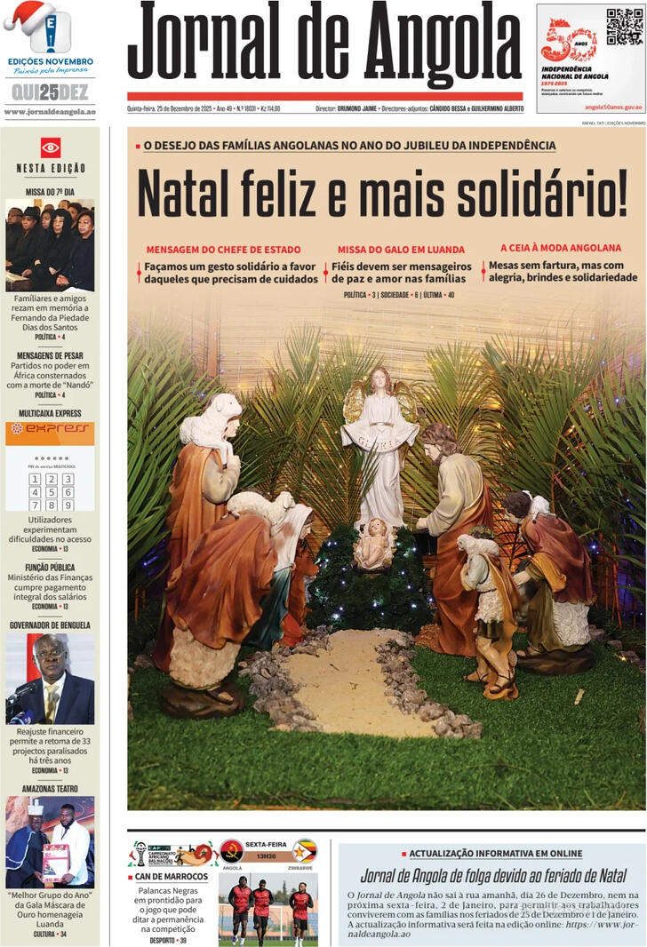 Capa Jornal de Angola - 2025-12-25
