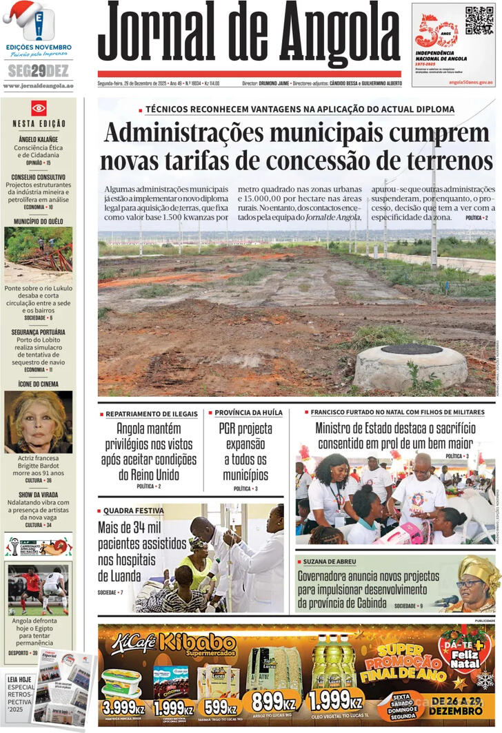 Capa Jornal de Angola - 2025-12-29
