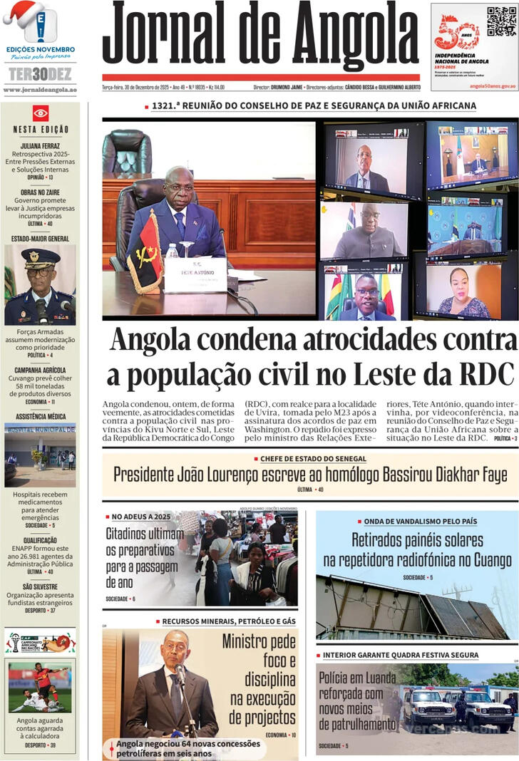 Capa Jornal de Angola - 2025-12-30