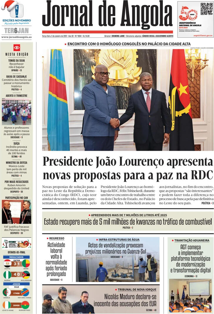 Capa Jornal de Angola - 2026-01-06