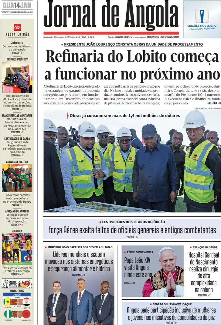 Capa Jornal de Angola - 2026-01-14