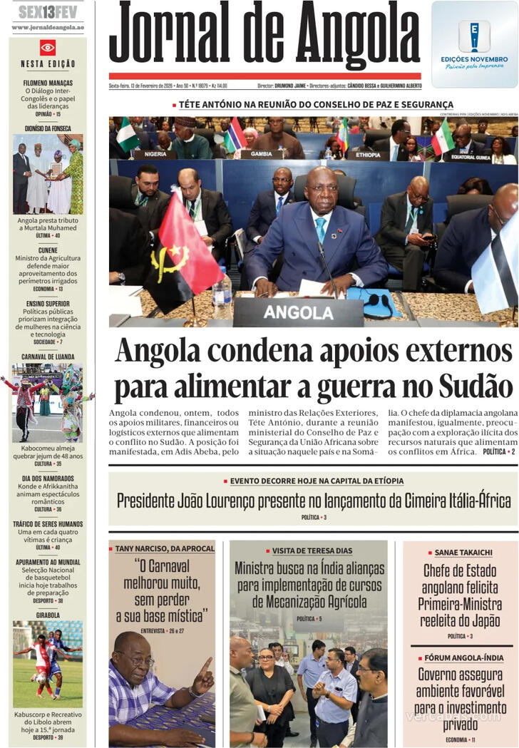 Capa Jornal de Angola - 2026-02-13