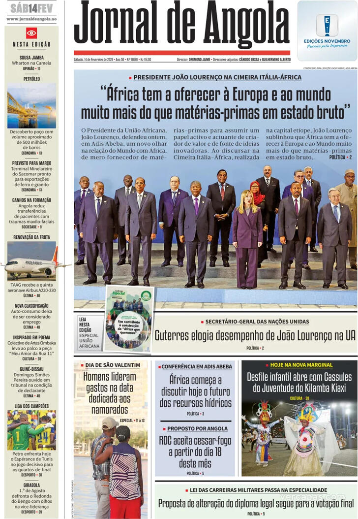 Capa Jornal de Angola - 2026-02-14