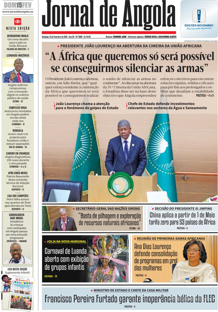 Capa Jornal de Angola - 2026-02-15