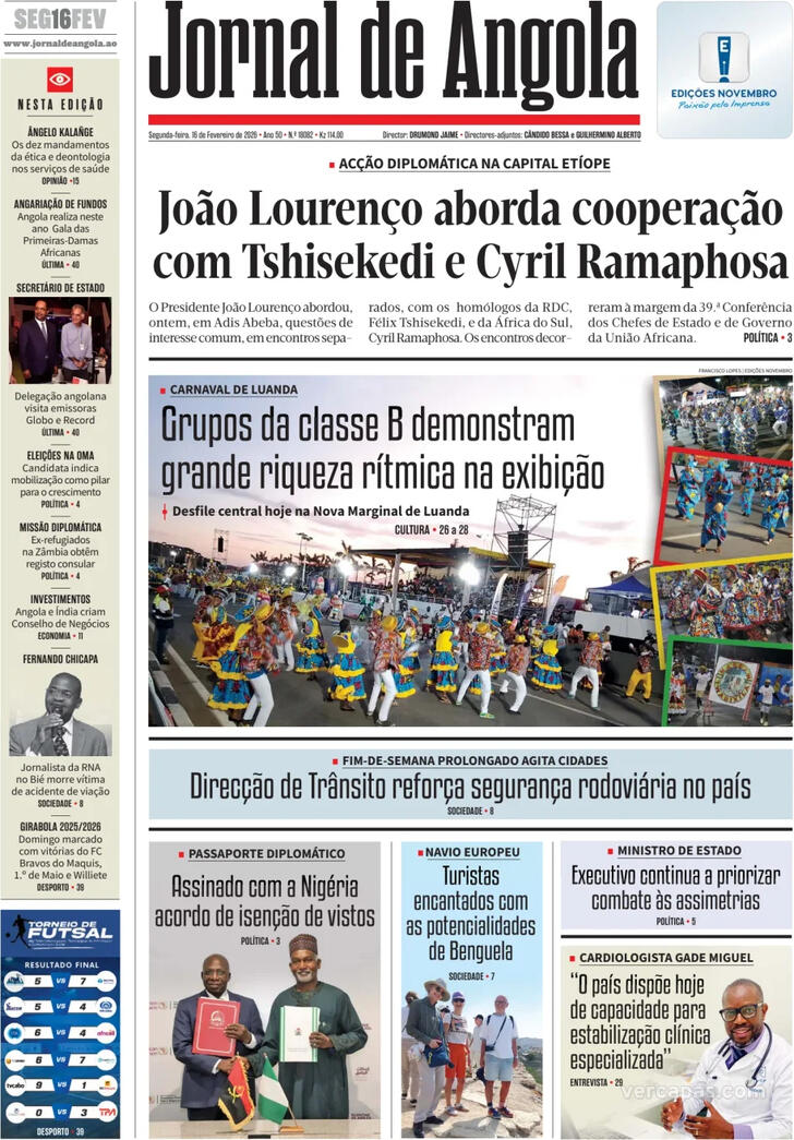 Capa Jornal de Angola - 2026-02-16