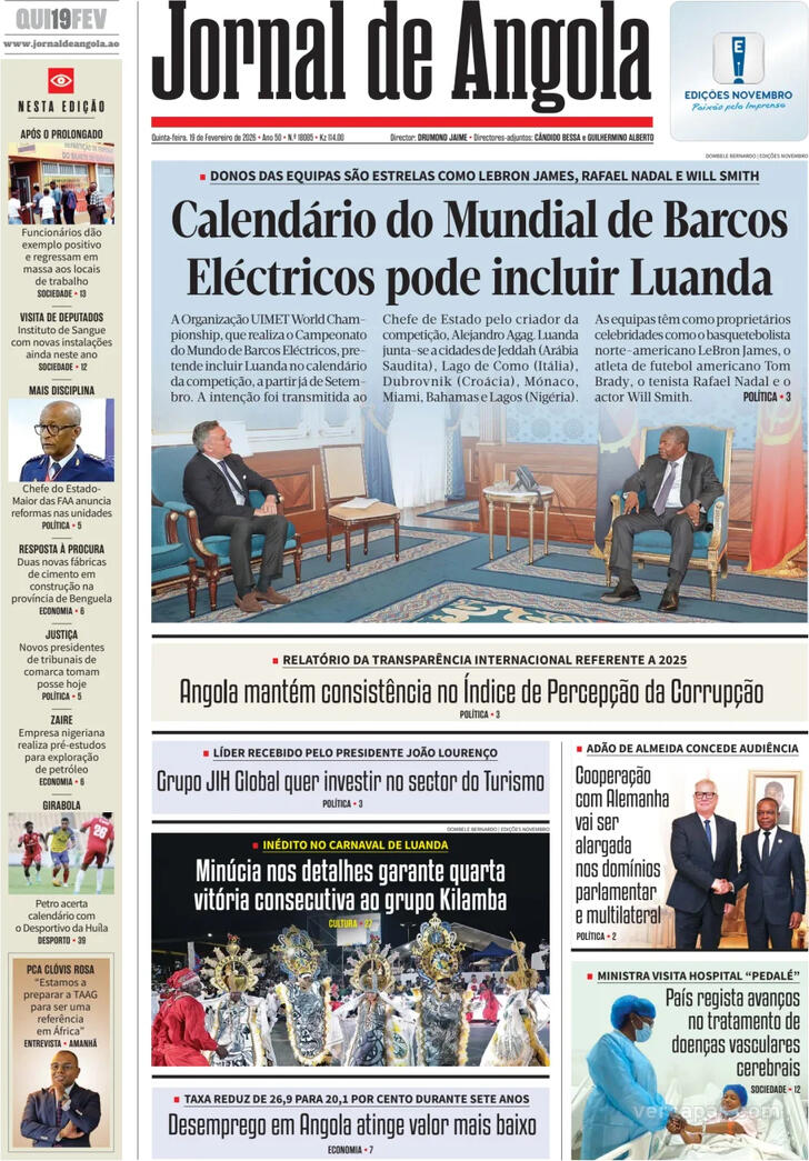 Capa Jornal de Angola - 2026-02-19