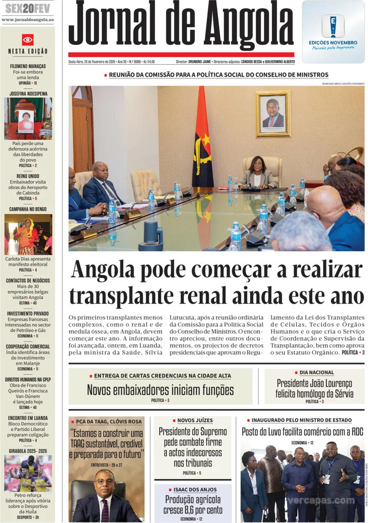 Capa Jornal de Angola - 2026-02-20