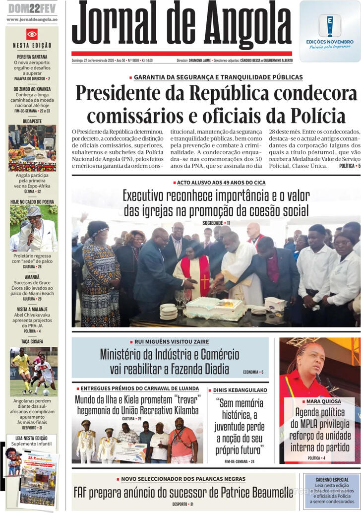 Capa Jornal de Angola - 2026-02-22