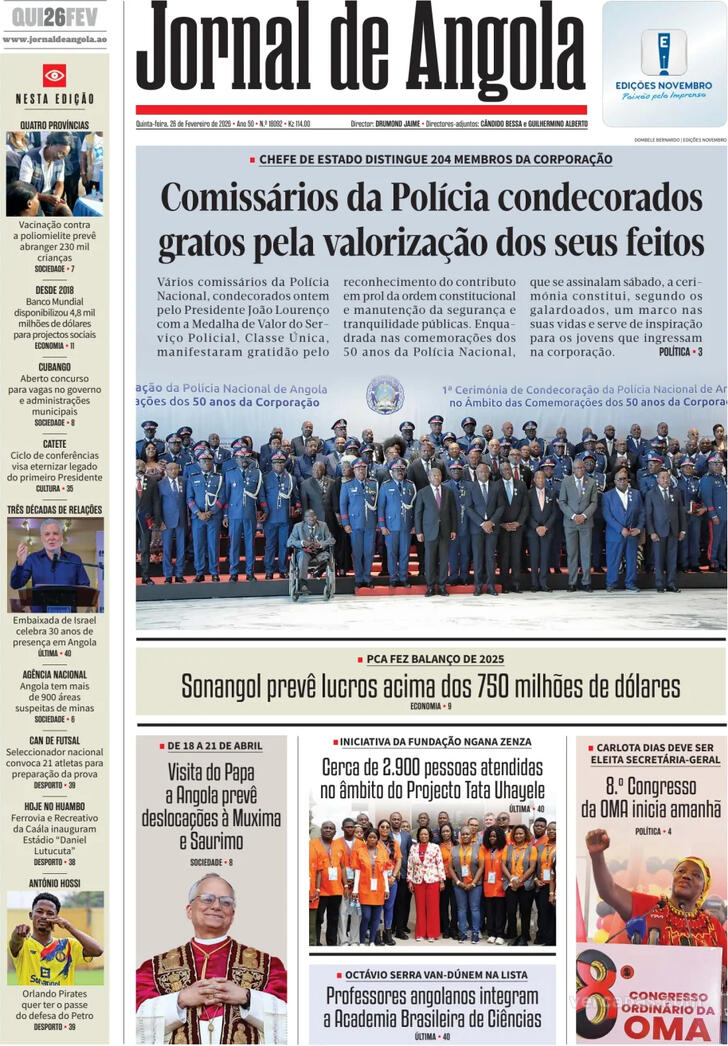 Capa Jornal de Angola - 2026-02-26