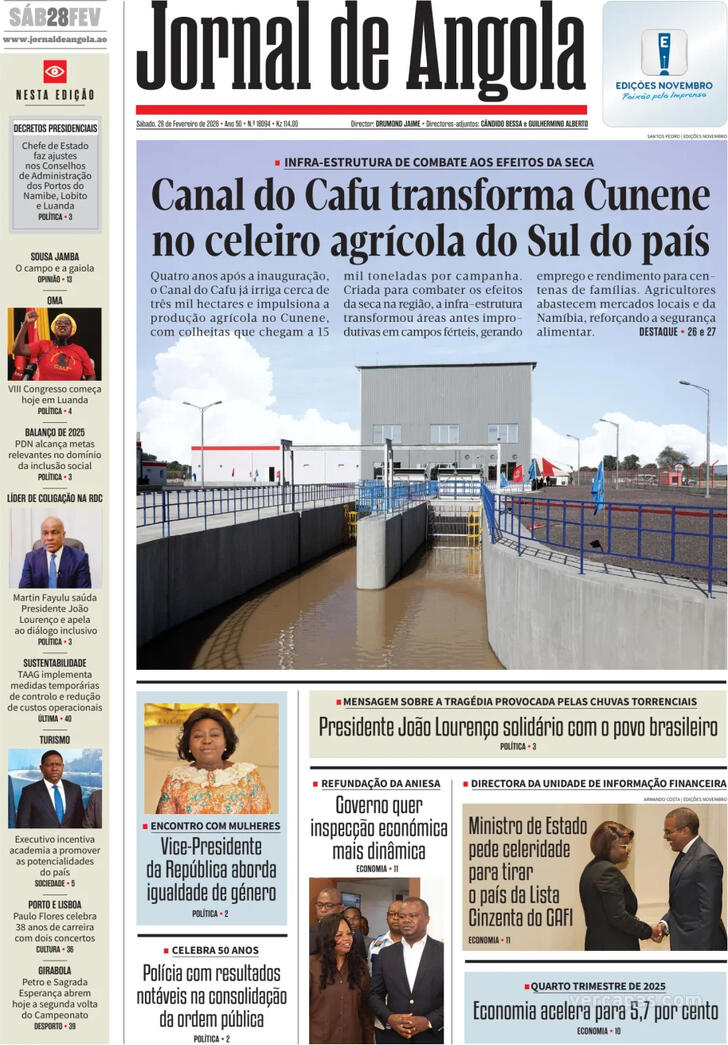 Capa Jornal de Angola - 2026-02-28