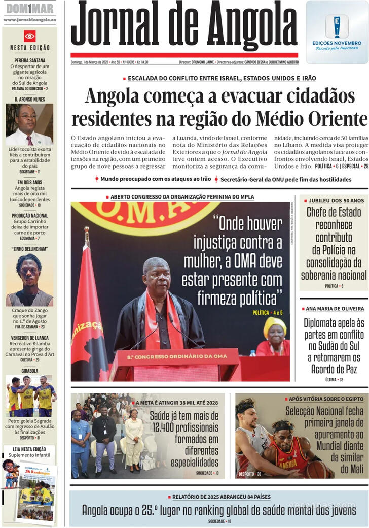 Capa Jornal de Angola - 2026-03-01