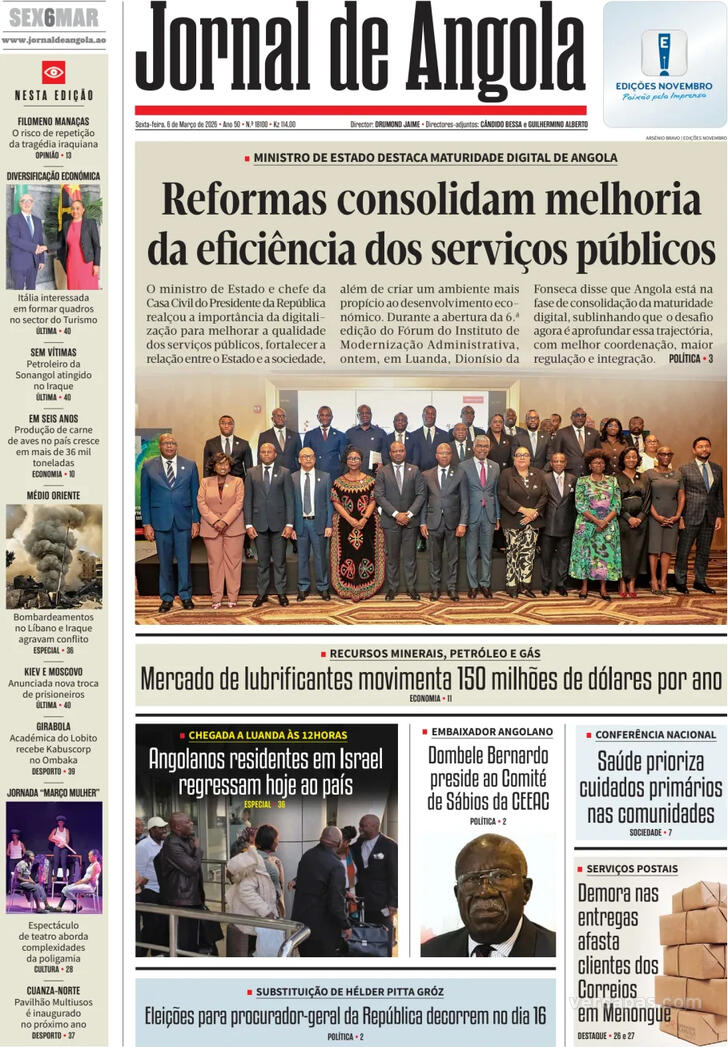 Capa Jornal de Angola - 2026-03-06