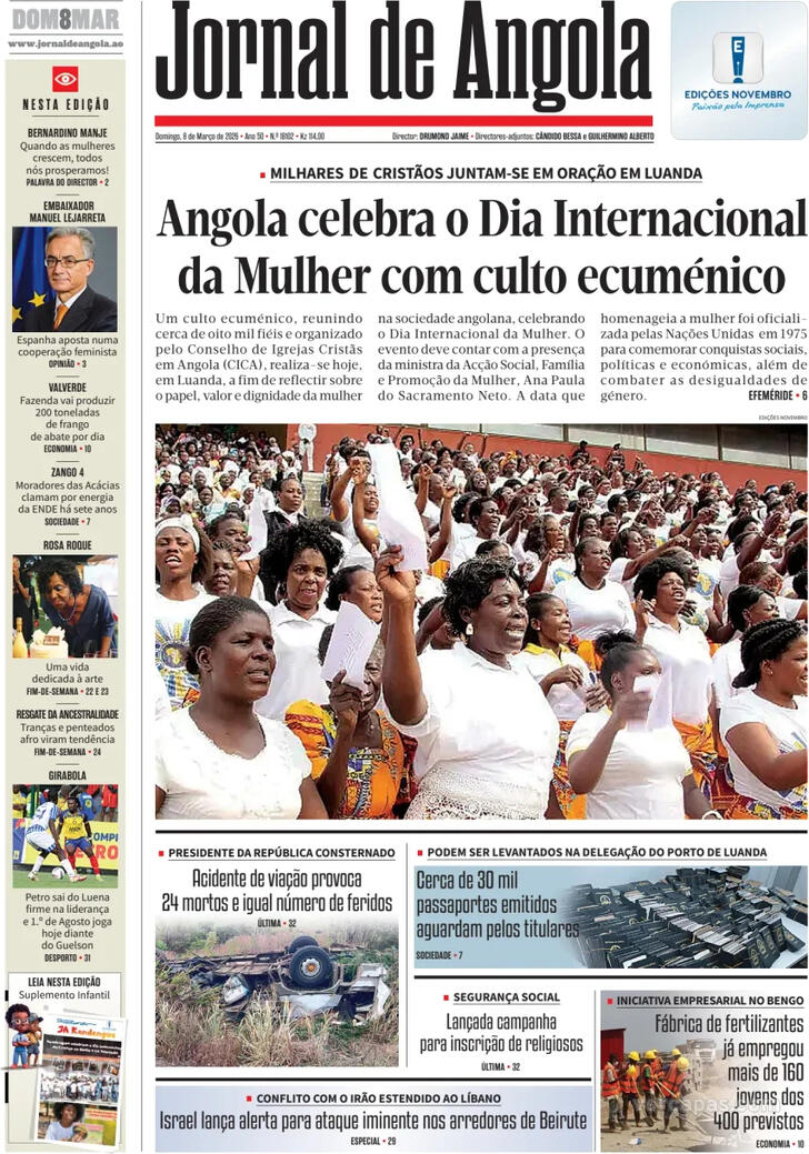Capa Jornal de Angola - 2026-03-08