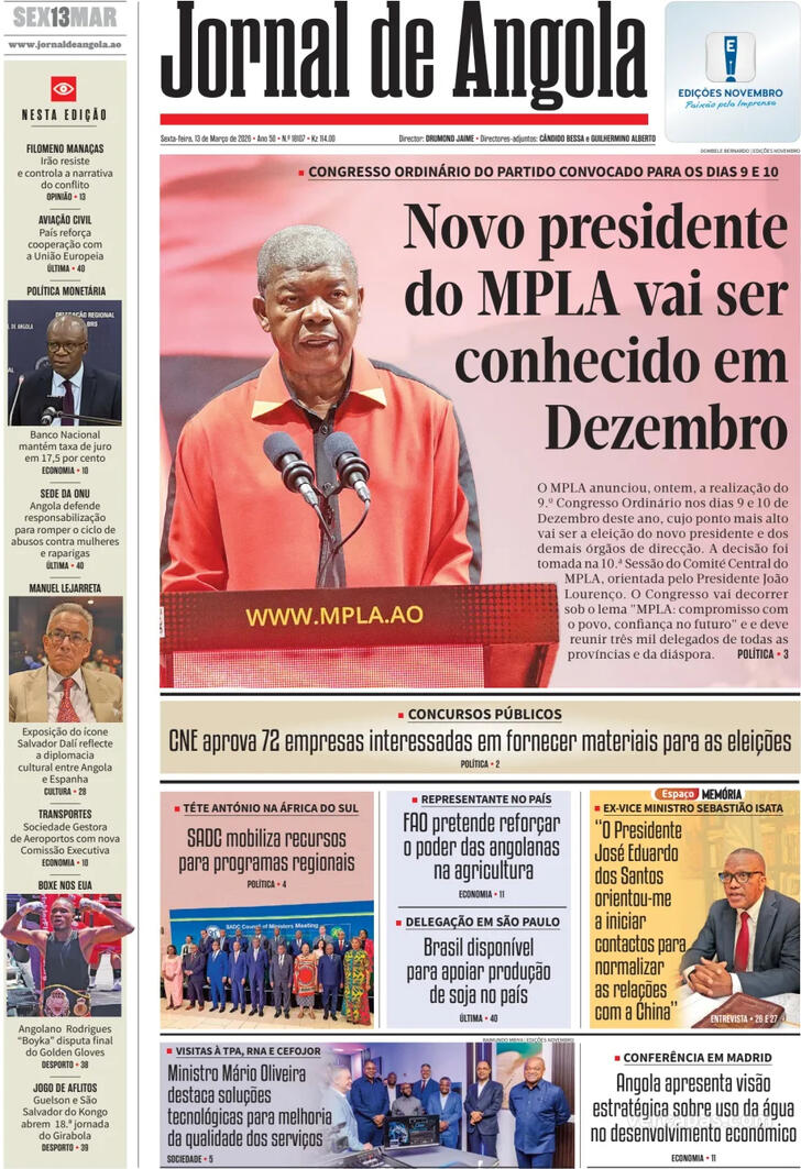 Capa Jornal de Angola - 2026-03-13