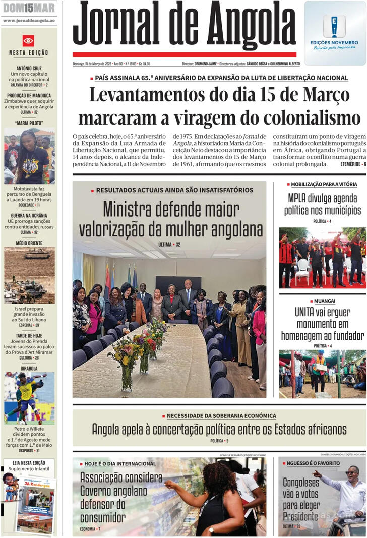 Capa Jornal de Angola - 2026-03-15