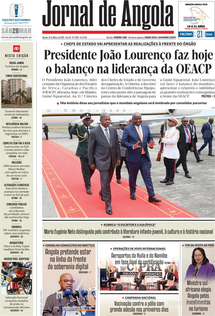 Capa Jornal de Angola - 2026-03-28