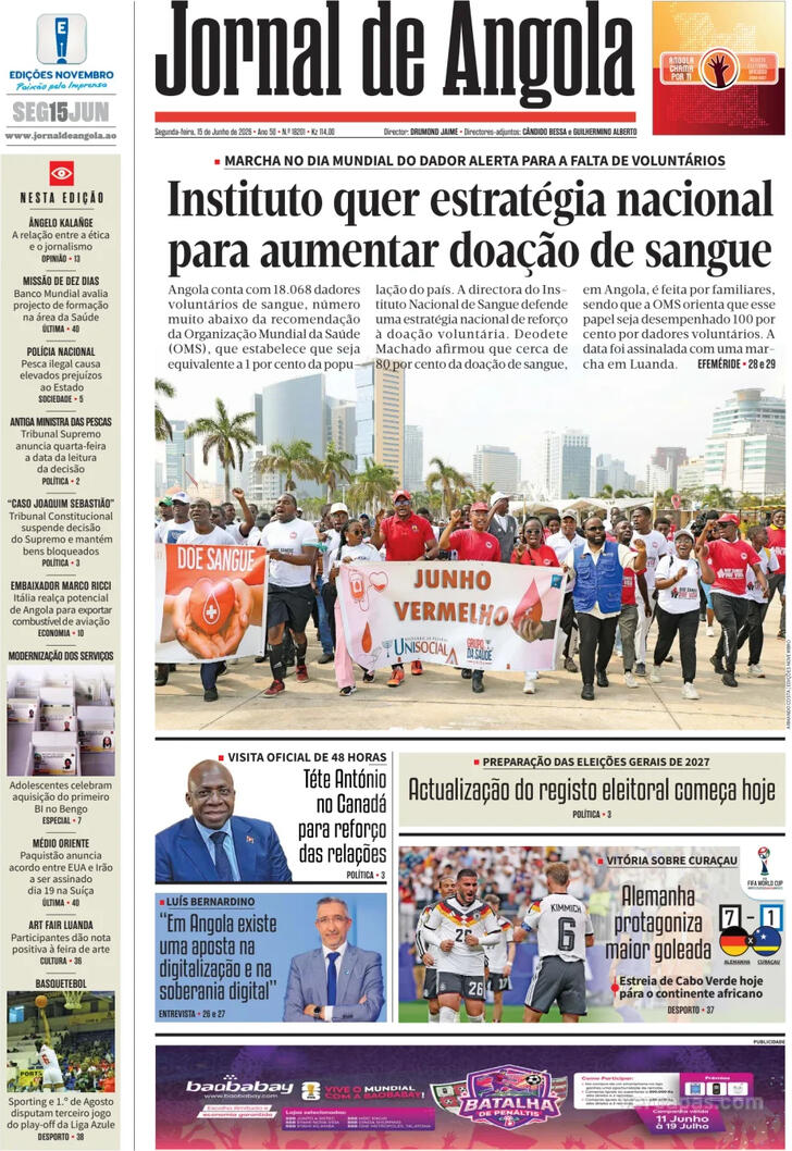 Capa Jornal de Angola - 2026-06-15