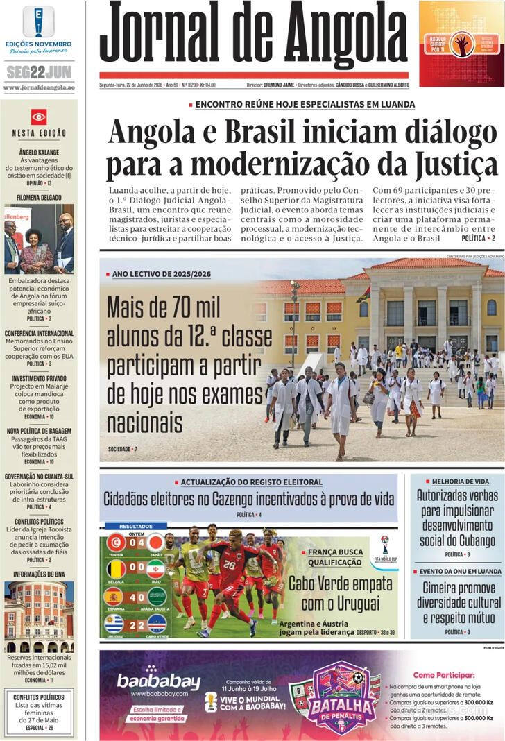 Capa Jornal de Angola - 2026-06-22