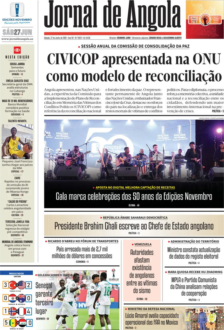 Capa Jornal de Angola - 2026-06-27