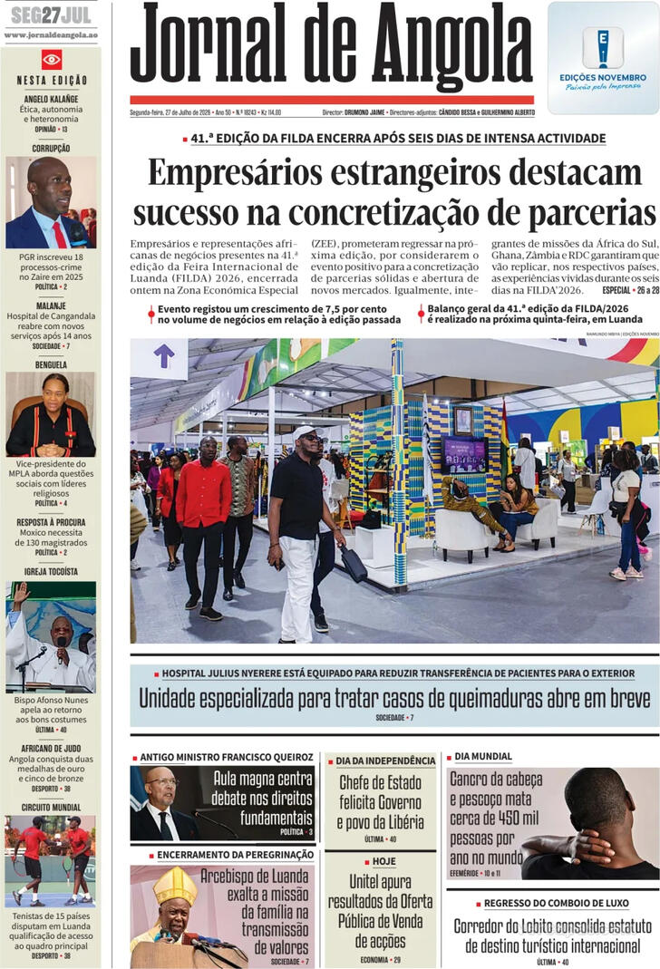 Capa Jornal de Angola - 2026-07-27