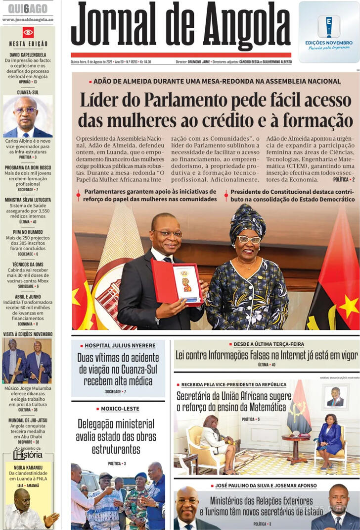 Capa Jornal de Angola - 2026-08-06