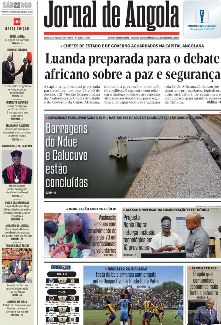 Capa Jornal de Angola - 2026-08-22