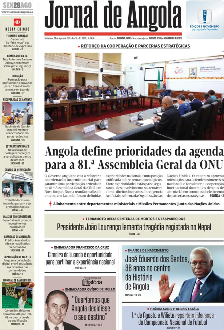 Capa Jornal de Angola - 2026-08-28
