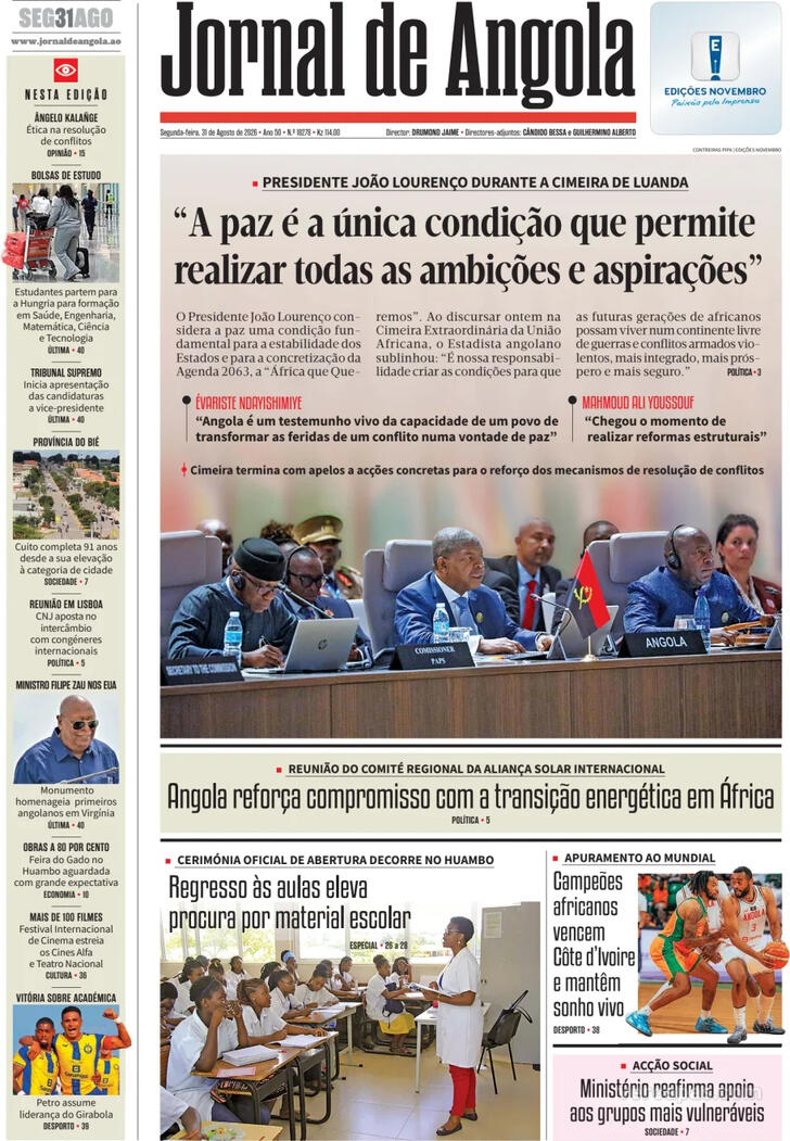 Capa Jornal de Angola - 2026-08-31