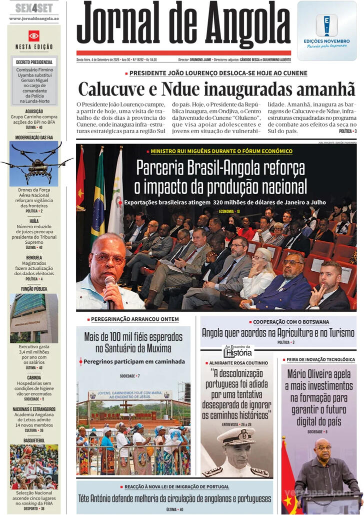 Capa Jornal de Angola - 2026-09-04