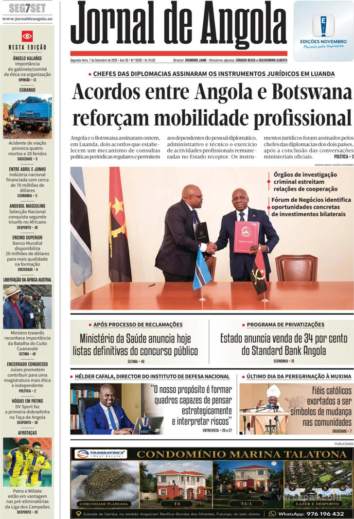 Capa Jornal de Angola - 2026-09-07