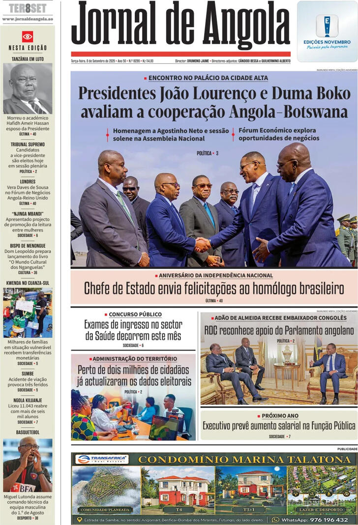 Capa Jornal de Angola - 2026-09-08