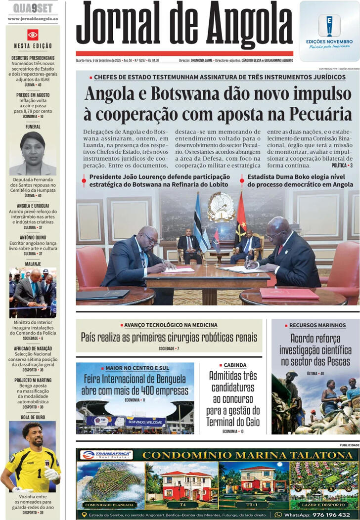 Capa Jornal de Angola - 2026-09-09