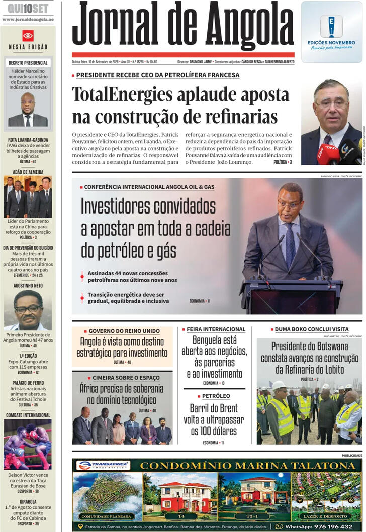 Capa Jornal de Angola - 2026-09-10