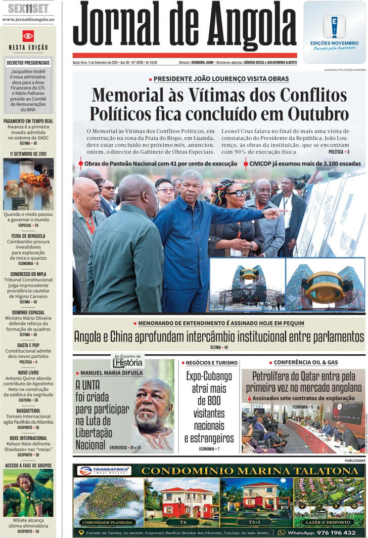 Capa Jornal de Angola - 2026-09-11