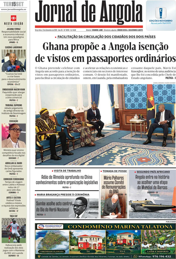 Capa Jornal de Angola - 2026-09-15