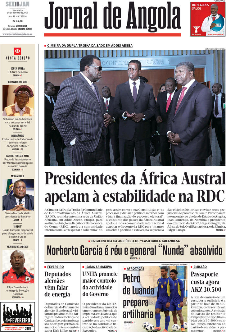 Capa Jornal De Angola De 2019 01 18 
