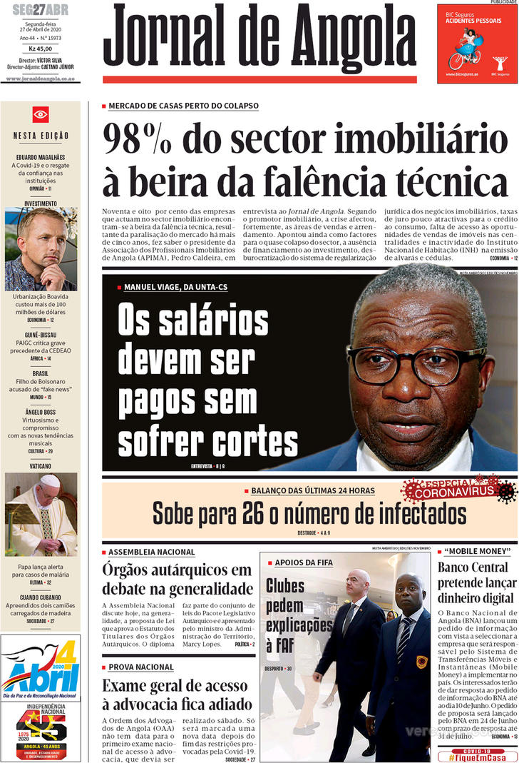 Capa Jornal De Angola De 2020 04 27 