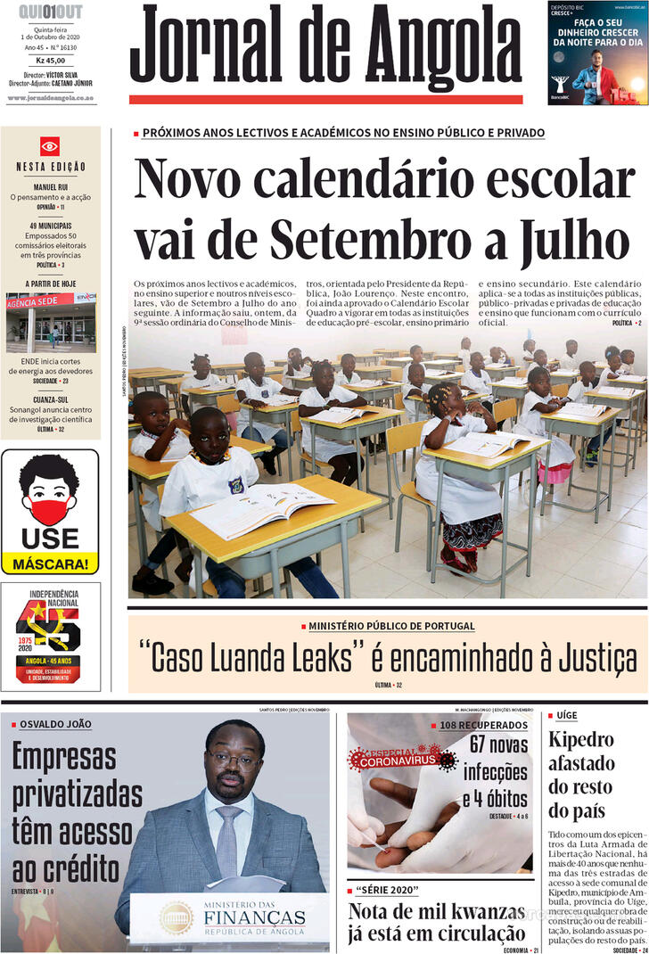 Capa Jornal De Angola De 2020 10 01 