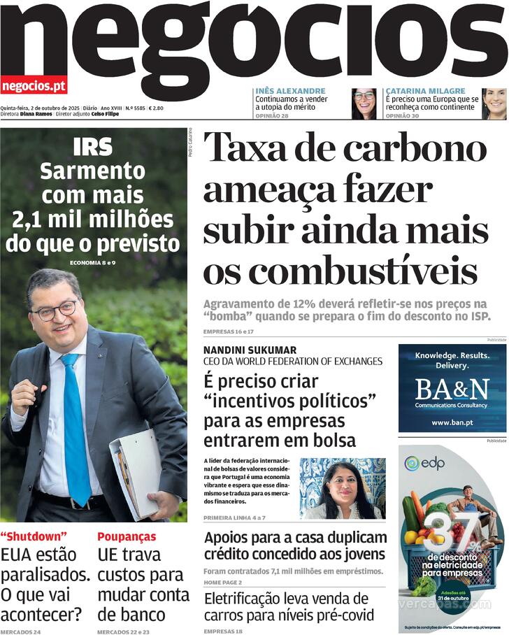 Capa Jornal de Negcios - 2025-10-02