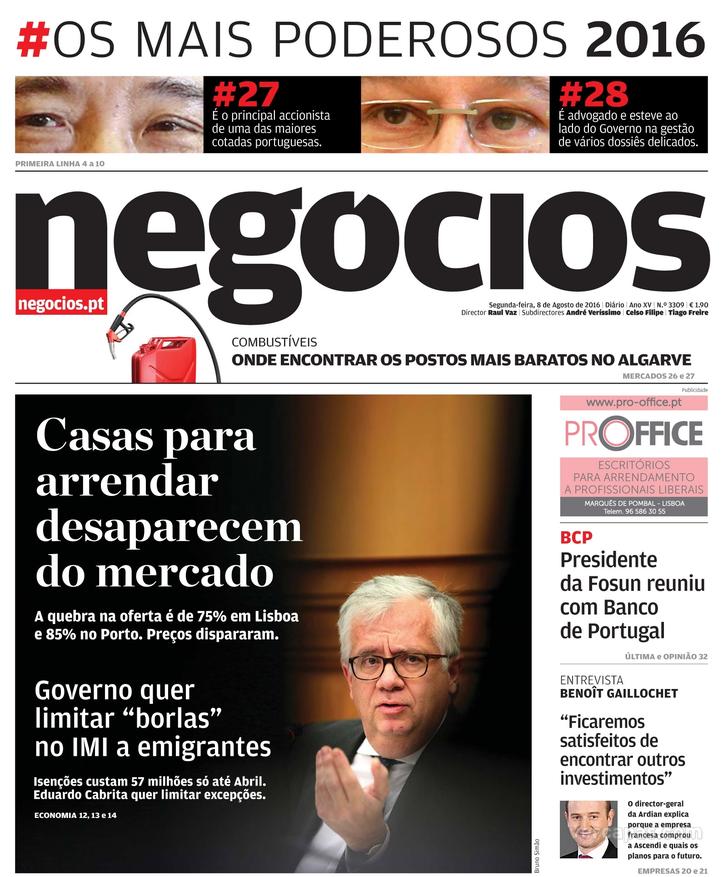 Capa Jornal De Negócios De 2016 08 08