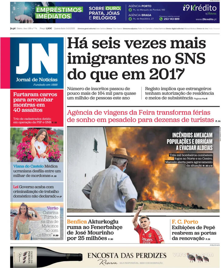 Capa Jornal de Notcias - 2025-08-14