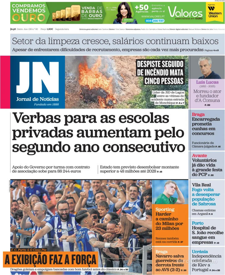 Capa Jornal de Notcias - 2025-08-25