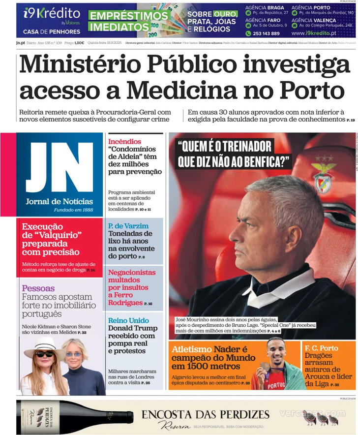 Capa Jornal de Notcias - 2025-09-18