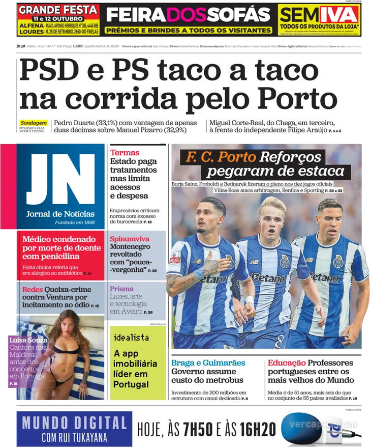 Capa Jornal de Notcias - 2025-10-08