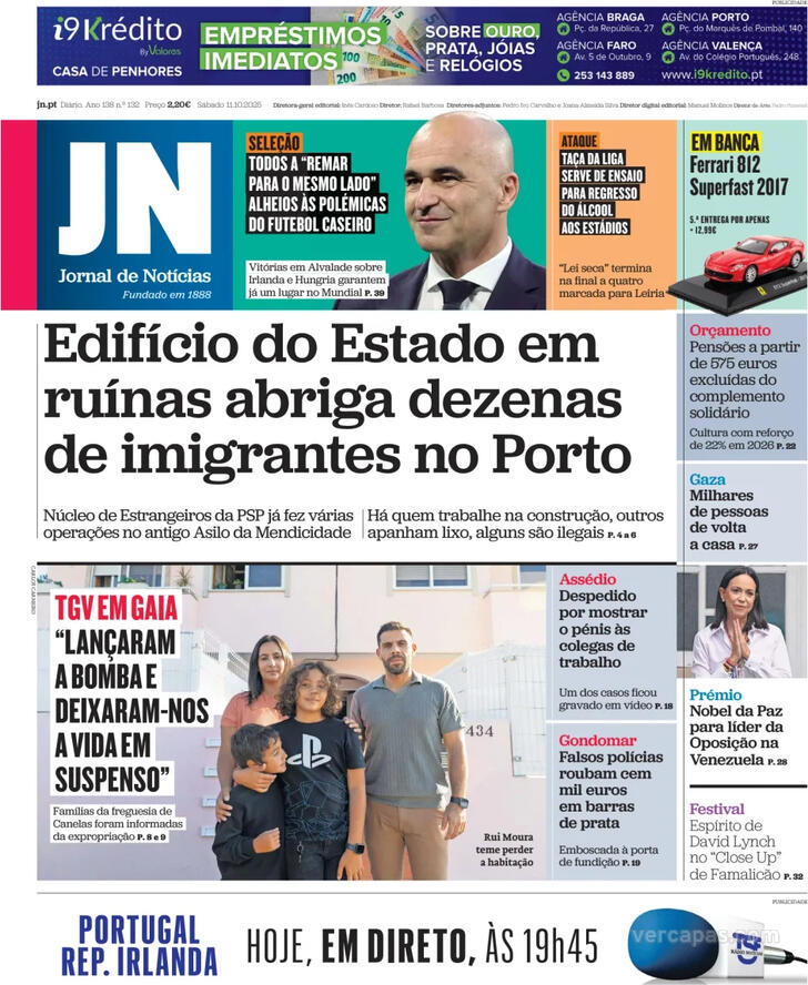 Capa Jornal de Notcias - 2025-10-11